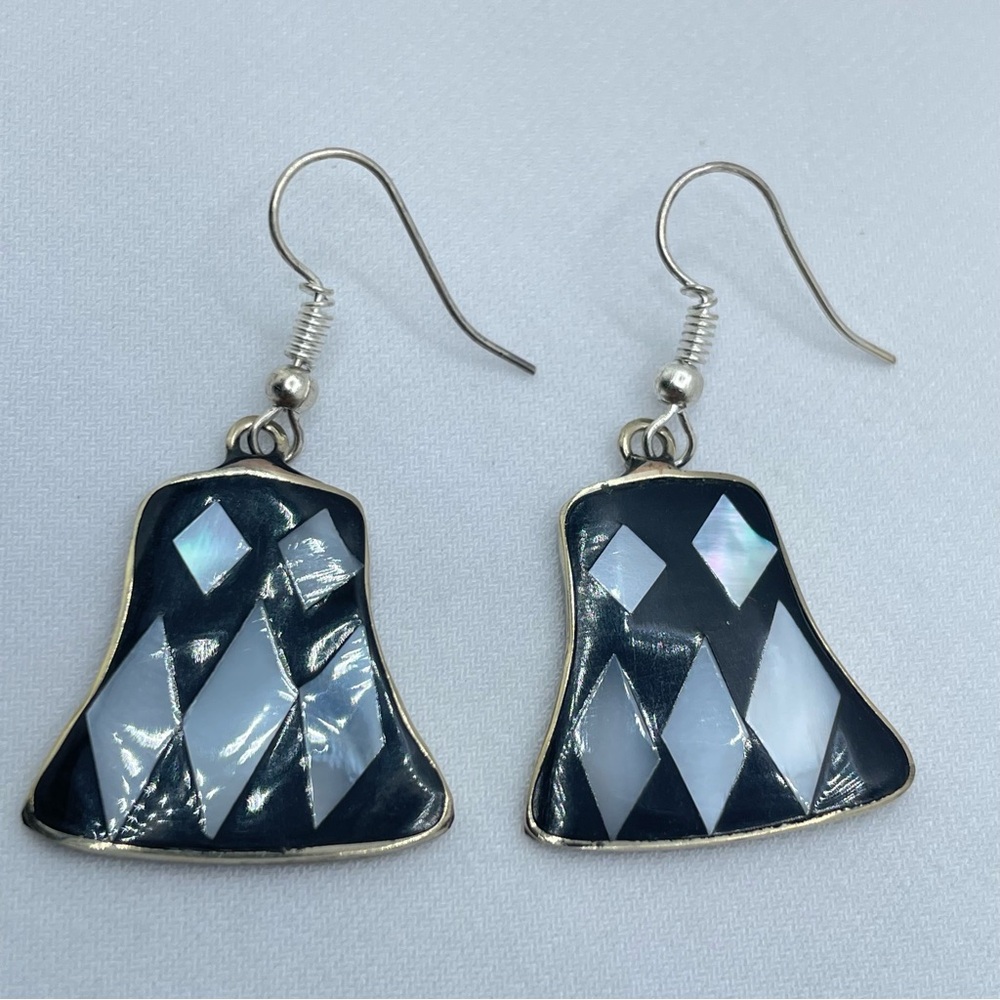 Vintage Taxco MOP Black Enamel Silver Earrings Geometric Boho Southwestern